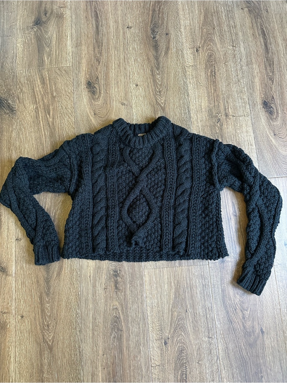 Black Chunky Cable Knit Cropped Sweater - Free People